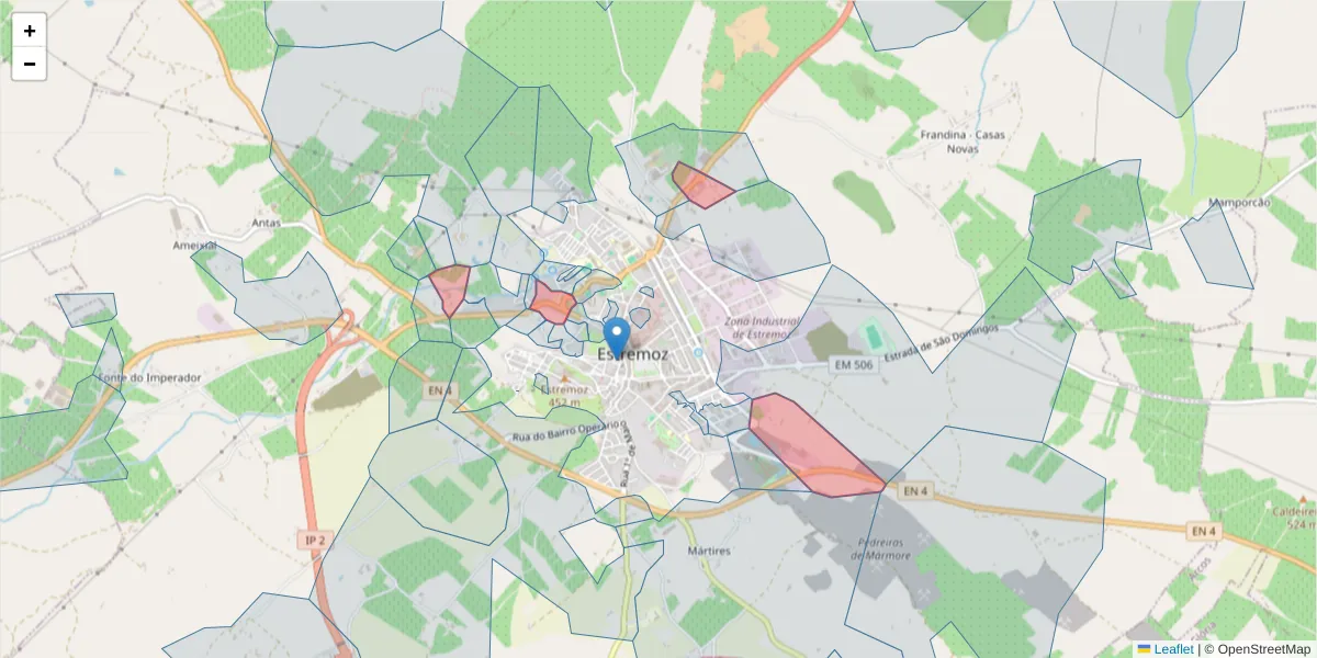 Mapa detalhado do código postal 7100-075 com limites, códigos postais vizinhos e agências dos correios