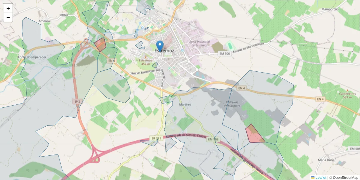 Mapa detalhado do código postal 7100-077 com limites, códigos postais vizinhos e agências dos correios