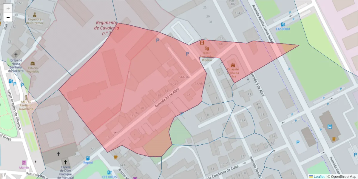 Mapa detalhado do código postal 7100-105 com limites, códigos postais vizinhos e agências dos correios