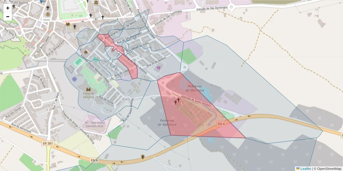 Mapa detalhado do código postal 7100-106 com limites, códigos postais vizinhos e agências dos correios