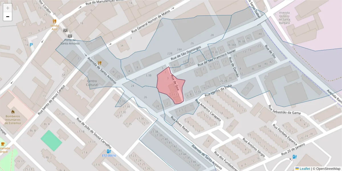 Mapa detalhado do código postal 7100-117 com limites, códigos postais vizinhos e agências dos correios