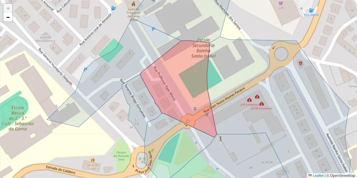 Mapa detalhado do código postal 7100-129 com limites, códigos postais vizinhos e agências dos correios