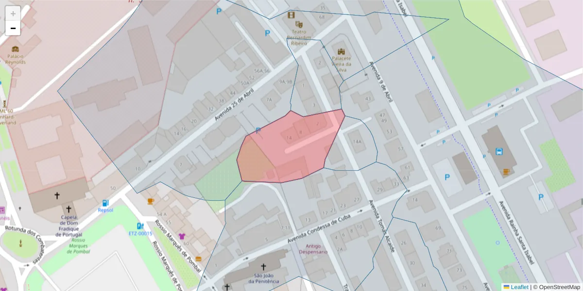 Mapa detalhado do código postal 7100-130 com limites, códigos postais vizinhos e agências dos correios