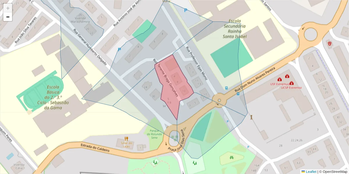 Mapa detalhado do código postal 7100-131 com limites, códigos postais vizinhos e agências dos correios