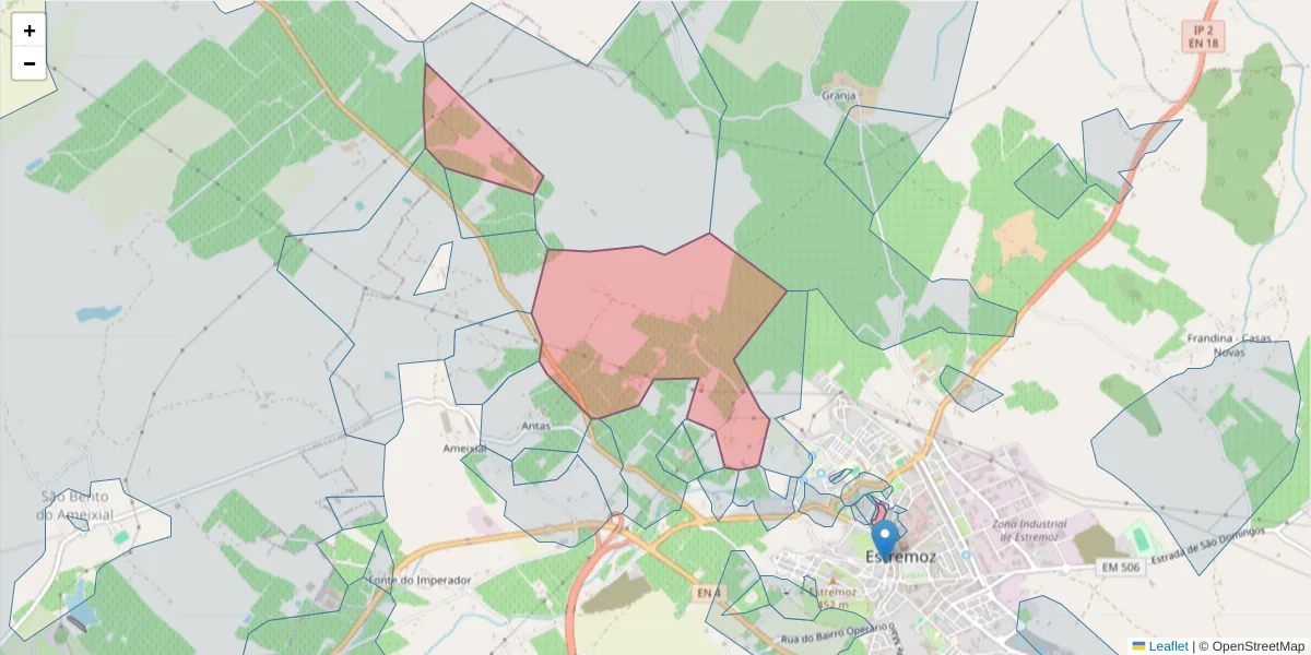 Mapa detalhado do código postal 7100-145 com limites, códigos postais vizinhos e agências dos correios