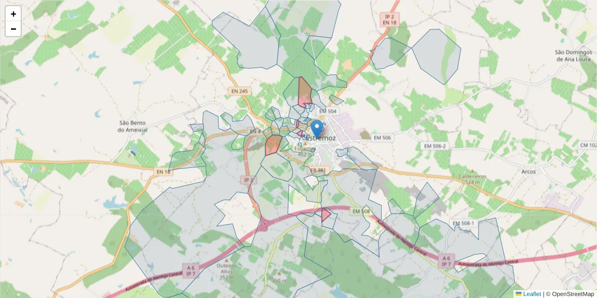 Mapa detalhado do código postal 7100-146 com limites, códigos postais vizinhos e agências dos correios