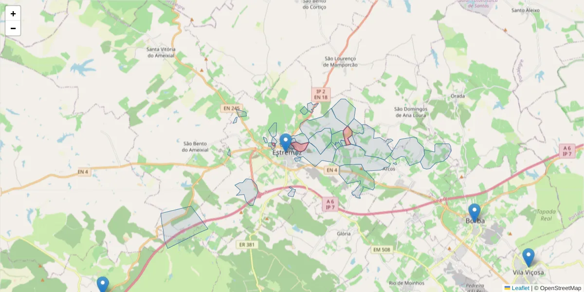 Mapa detalhado do código postal 7100-147 com limites, códigos postais vizinhos e agências dos correios