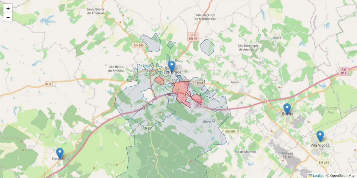 Mapa detalhado do código postal 7100-148 com limites, códigos postais vizinhos e agências dos correios