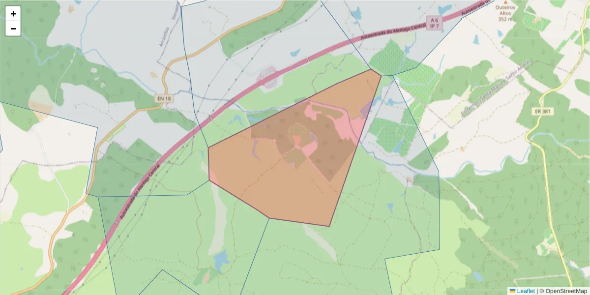 Mapa detalhado do código postal 7100-202 com limites, códigos postais vizinhos e agências dos correios