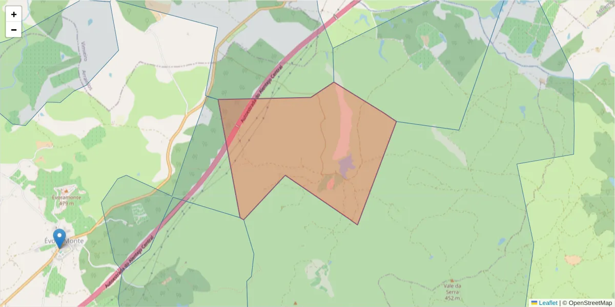 Mapa detalhado do código postal 7100-203 com limites, códigos postais vizinhos e agências dos correios