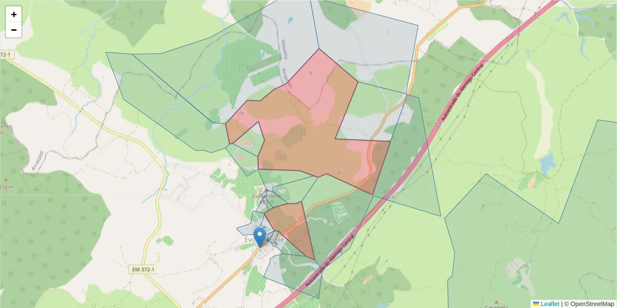 Mapa detalhado do código postal 7100-210 com limites, códigos postais vizinhos e agências dos correios