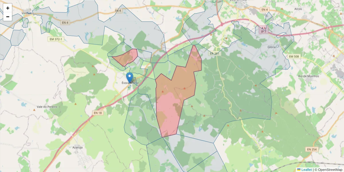 Mapa detalhado do código postal 7100-220 com limites, códigos postais vizinhos e agências dos correios