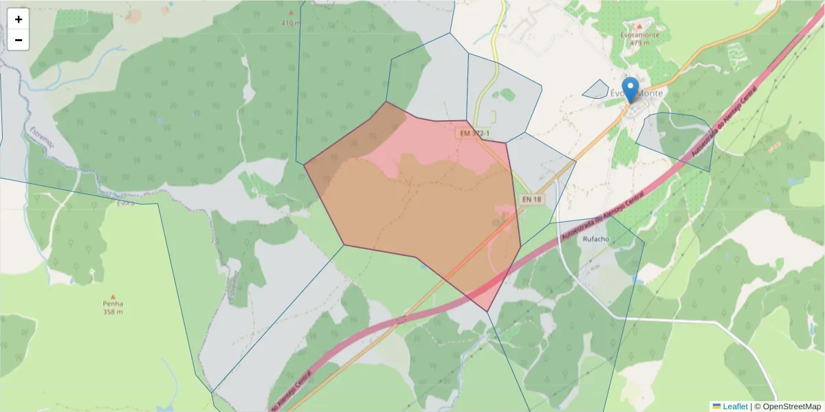 Mapa detalhado do código postal 7100-229 com limites, códigos postais vizinhos e agências dos correios