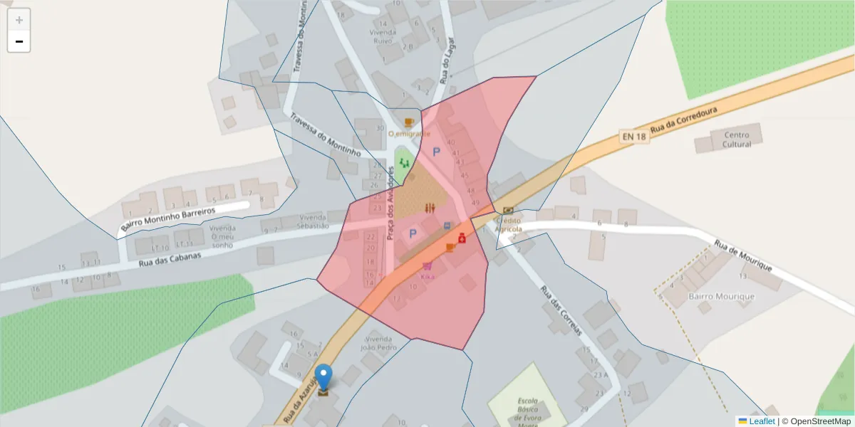 Mapa detalhado do código postal 7100-305 com limites, códigos postais vizinhos e agências dos correios
