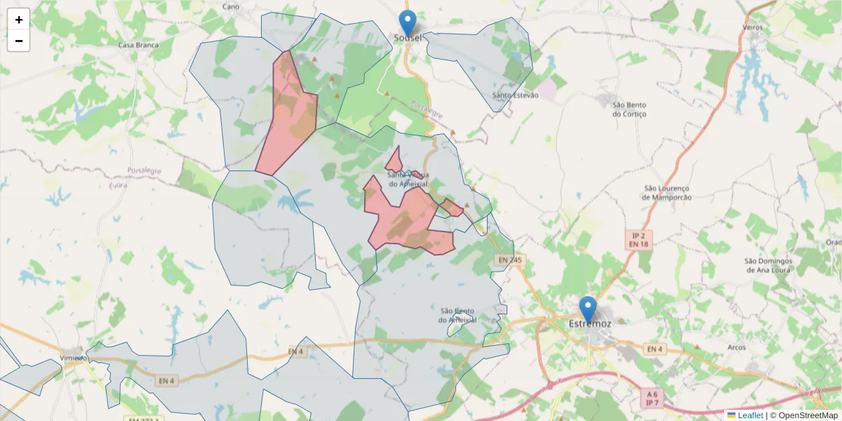 Mapa detalhado do código postal 7100-401 com limites, códigos postais vizinhos e agências dos correios