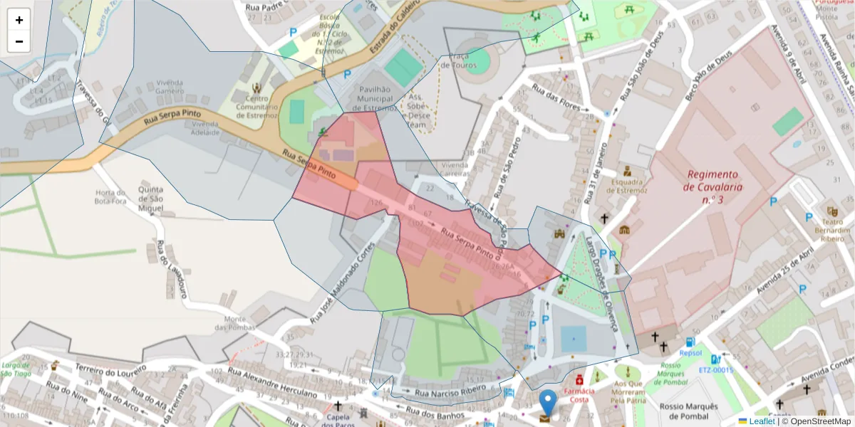 Mapa detalhado do código postal 7100-452 com limites, códigos postais vizinhos e agências dos correios