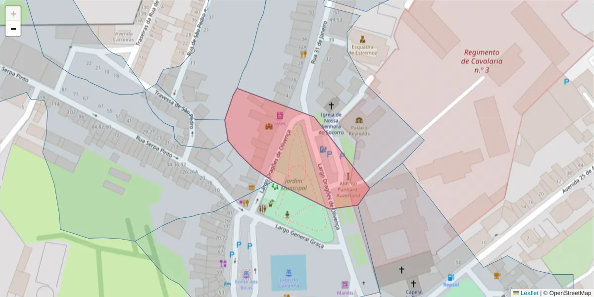 Mapa detalhado do código postal 7100-457 com limites, códigos postais vizinhos e agências dos correios