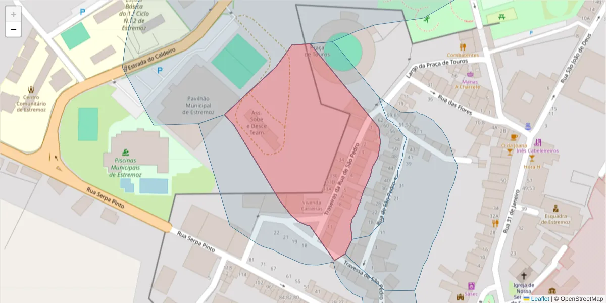 Mapa detalhado do código postal 7100-458 com limites, códigos postais vizinhos e agências dos correios
