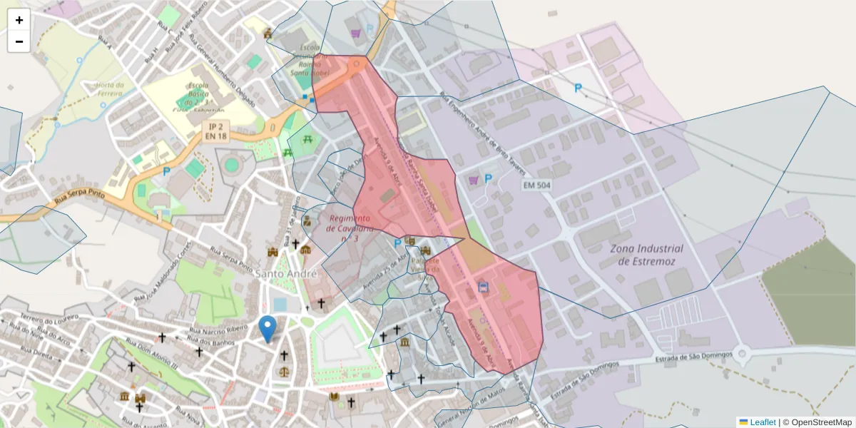 Mapa detalhado do código postal 7100-500 com limites, códigos postais vizinhos e agências dos correios