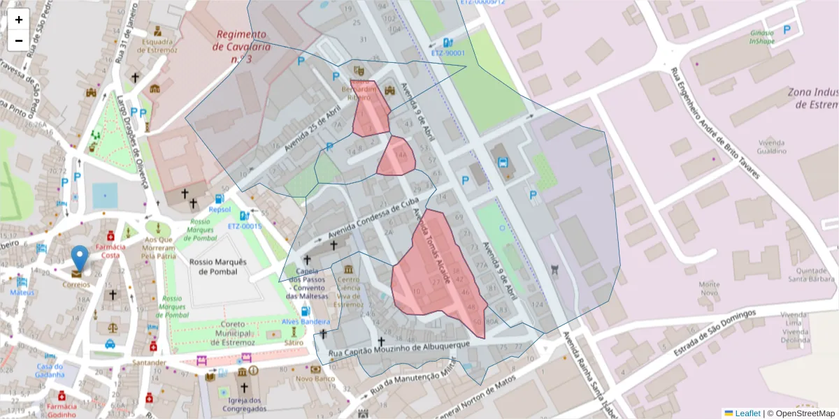 Mapa detalhado do código postal 7100-502 com limites, códigos postais vizinhos e agências dos correios