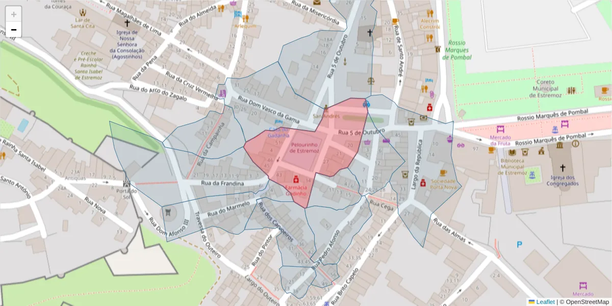 Mapa detalhado do código postal 7100-512 com limites, códigos postais vizinhos e agências dos correios