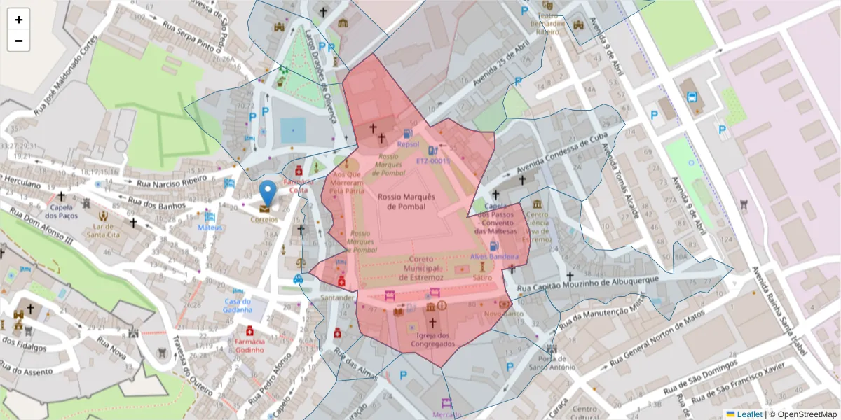 Mapa detalhado do código postal 7100-513 com limites, códigos postais vizinhos e agências dos correios