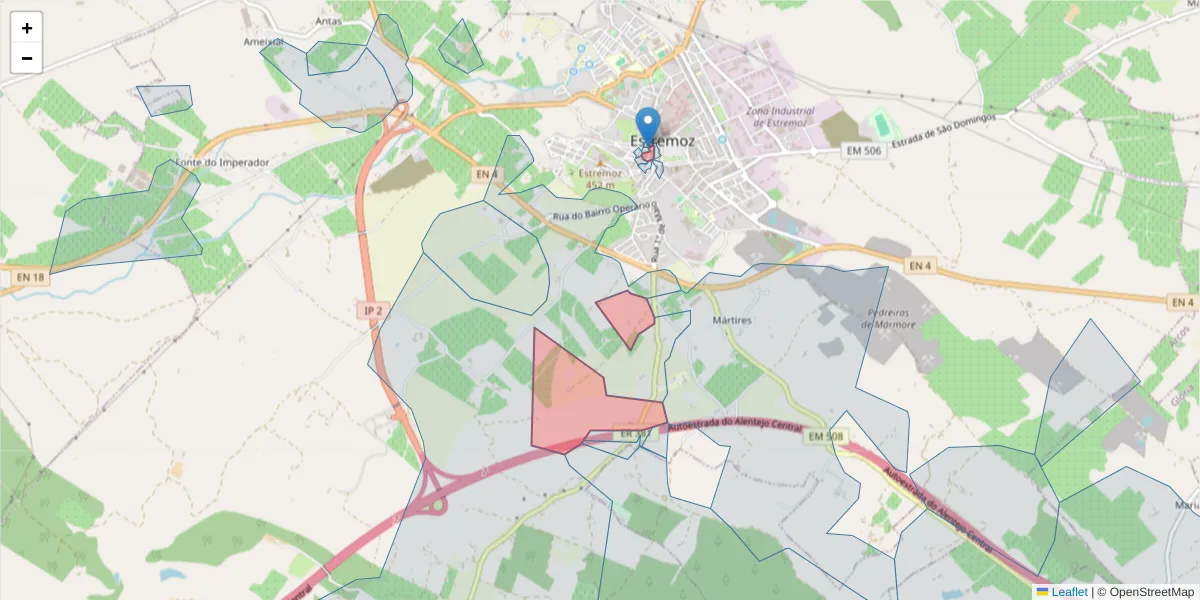 Mapa detalhado do código postal 7100-516 com limites, códigos postais vizinhos e agências dos correios