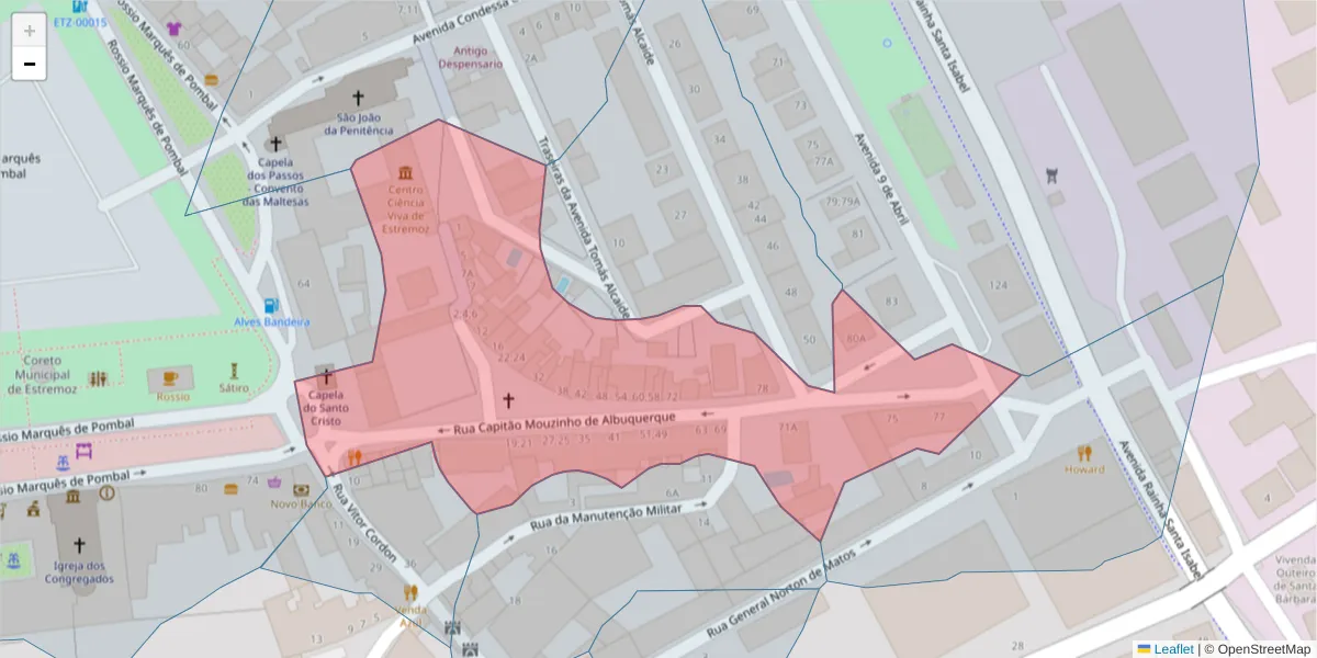 Mapa detalhado do código postal 7100-519 com limites, códigos postais vizinhos e agências dos correios