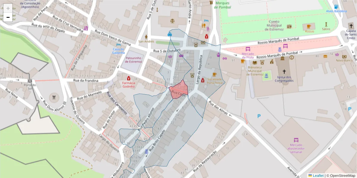 Mapa detalhado do código postal 7100-523 com limites, códigos postais vizinhos e agências dos correios