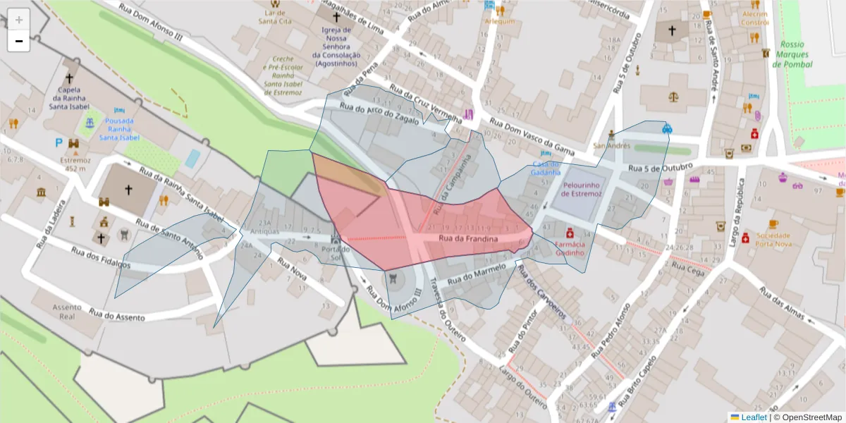 Mapa detalhado do código postal 7100-526 com limites, códigos postais vizinhos e agências dos correios