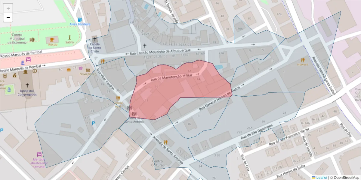 Mapa detalhado do código postal 7100-527 com limites, códigos postais vizinhos e agências dos correios