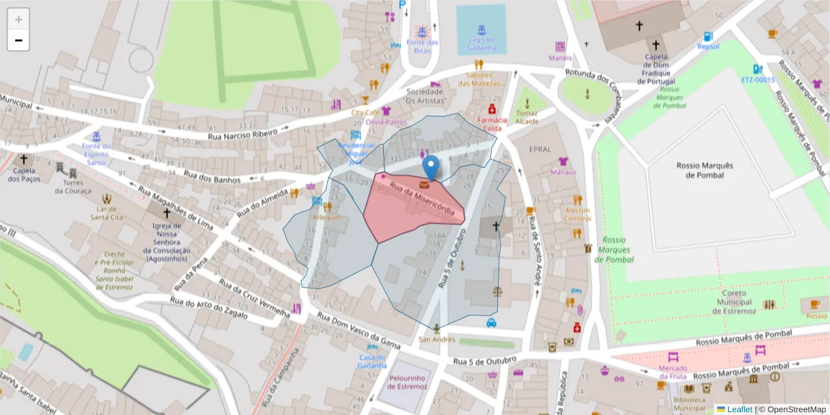 Mapa detalhado do código postal 7100-528 com limites, códigos postais vizinhos e agências dos correios
