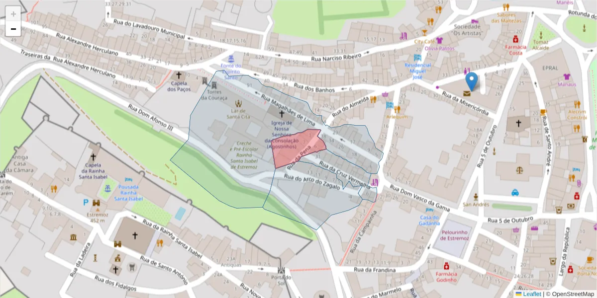 Mapa detalhado do código postal 7100-529 com limites, códigos postais vizinhos e agências dos correios
