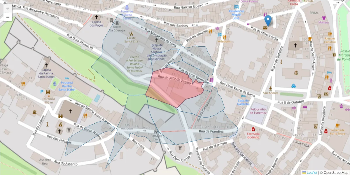 Mapa detalhado do código postal 7100-540 com limites, códigos postais vizinhos e agências dos correios