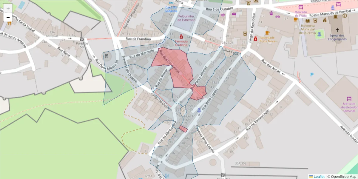 Mapa detalhado do código postal 7100-548 com limites, códigos postais vizinhos e agências dos correios