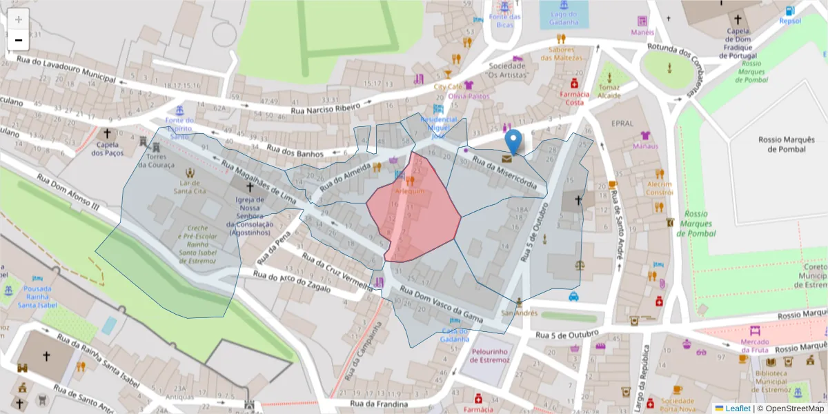 Mapa detalhado do código postal 7100-550 com limites, códigos postais vizinhos e agências dos correios