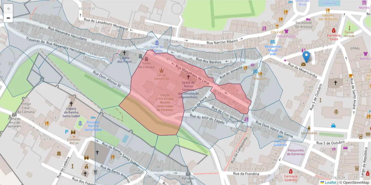 Mapa detalhado do código postal 7100-552 com limites, códigos postais vizinhos e agências dos correios