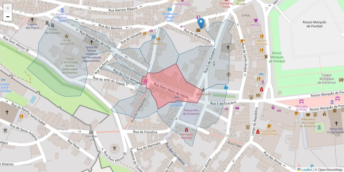 Mapa detalhado do código postal 7100-559 com limites, códigos postais vizinhos e agências dos correios