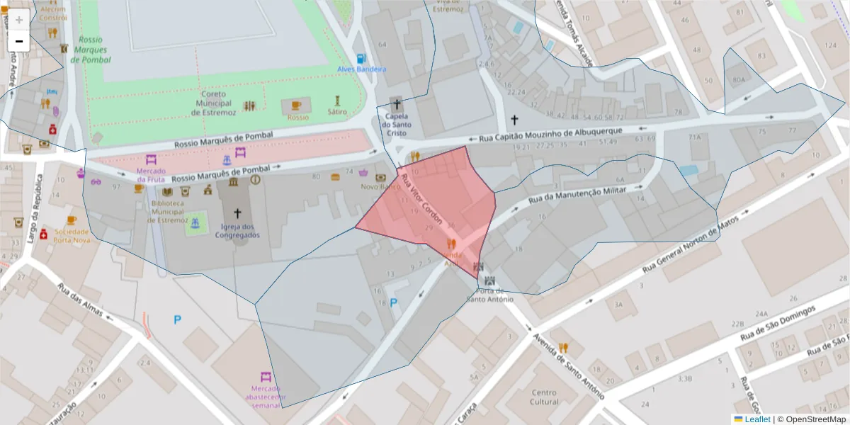 Mapa detalhado do código postal 7100-560 com limites, códigos postais vizinhos e agências dos correios