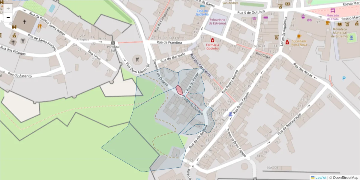 Mapa detalhado do código postal 7100-569 com limites, códigos postais vizinhos e agências dos correios