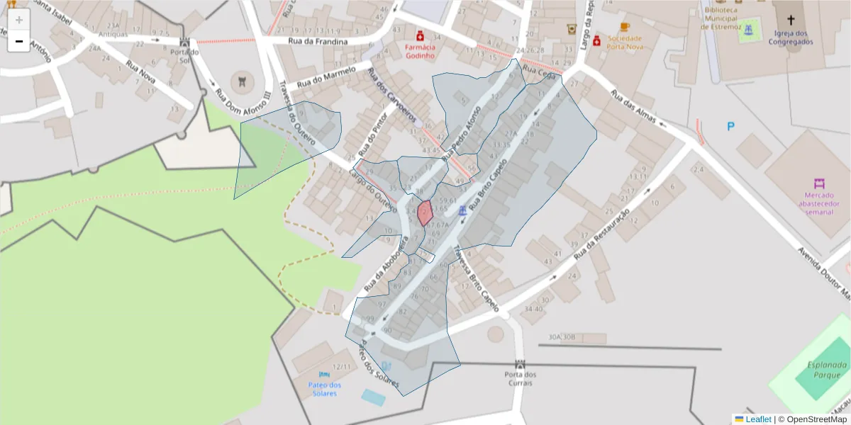 Mapa detalhado do código postal 7100-570 com limites, códigos postais vizinhos e agências dos correios