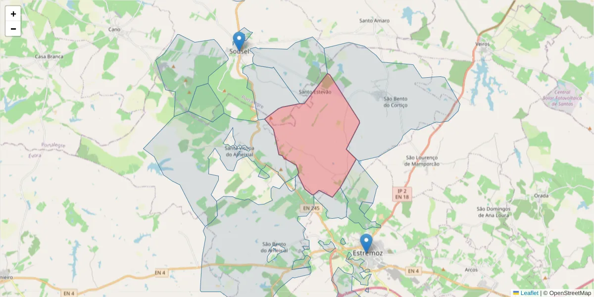 Mapa detalhado do código postal 7100-580 com limites, códigos postais vizinhos e agências dos correios