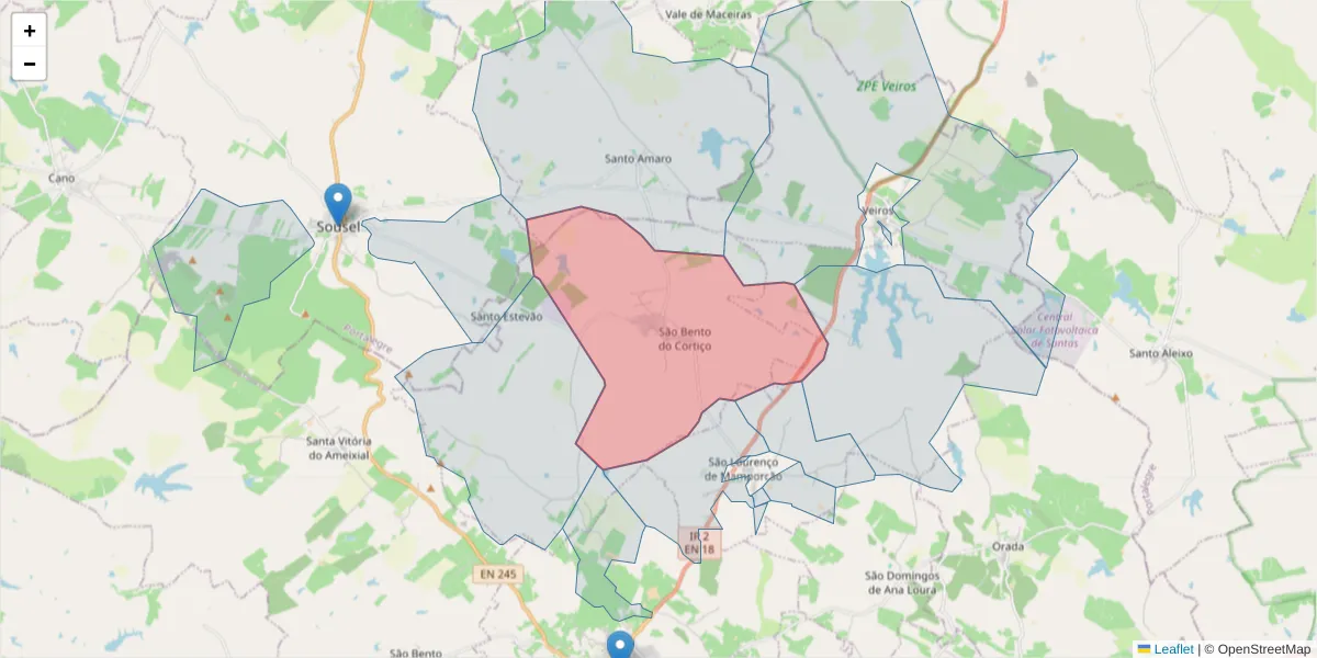 Mapa detalhado do código postal 7100-630 com limites, códigos postais vizinhos e agências dos correios