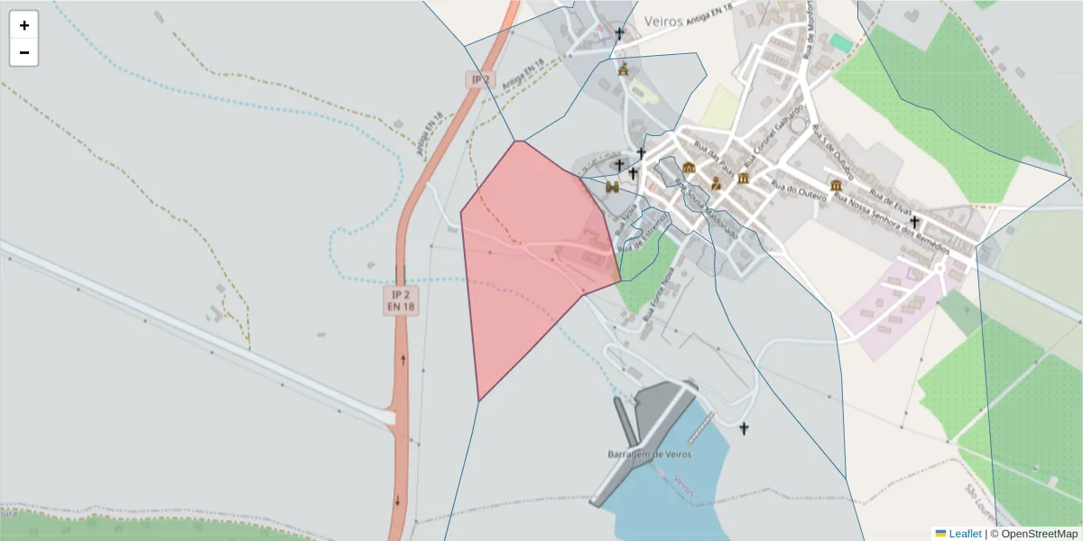 Mapa detalhado do código postal 7100-696 com limites, códigos postais vizinhos e agências dos correios