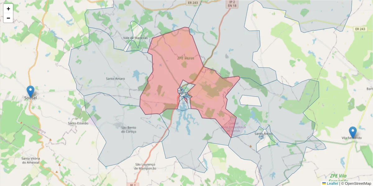 Mapa detalhado do código postal 7100-709 com limites, códigos postais vizinhos e agências dos correios