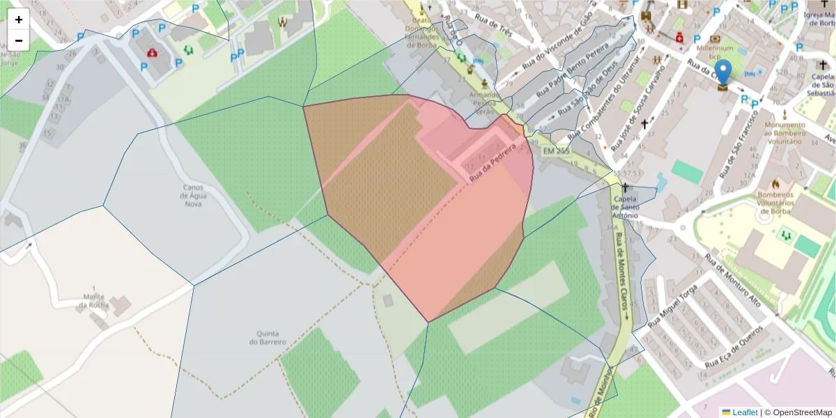 Mapa detalhado do código postal 7150-099 com limites, códigos postais vizinhos e agências dos correios