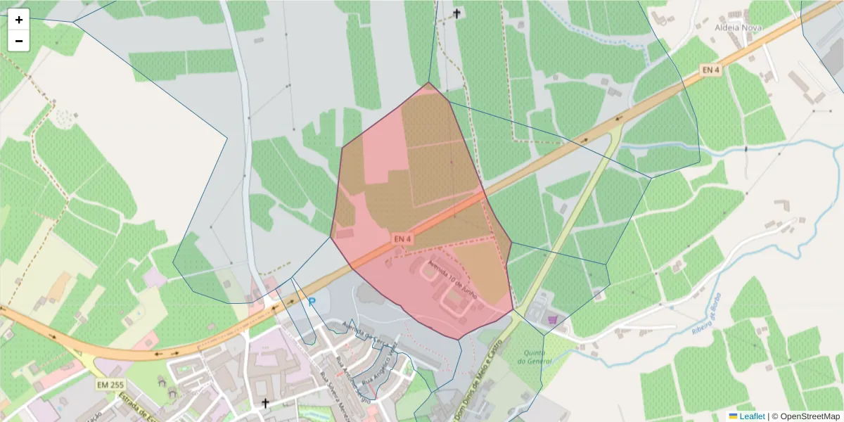 Mapa detalhado do código postal 7150-100 com limites, códigos postais vizinhos e agências dos correios