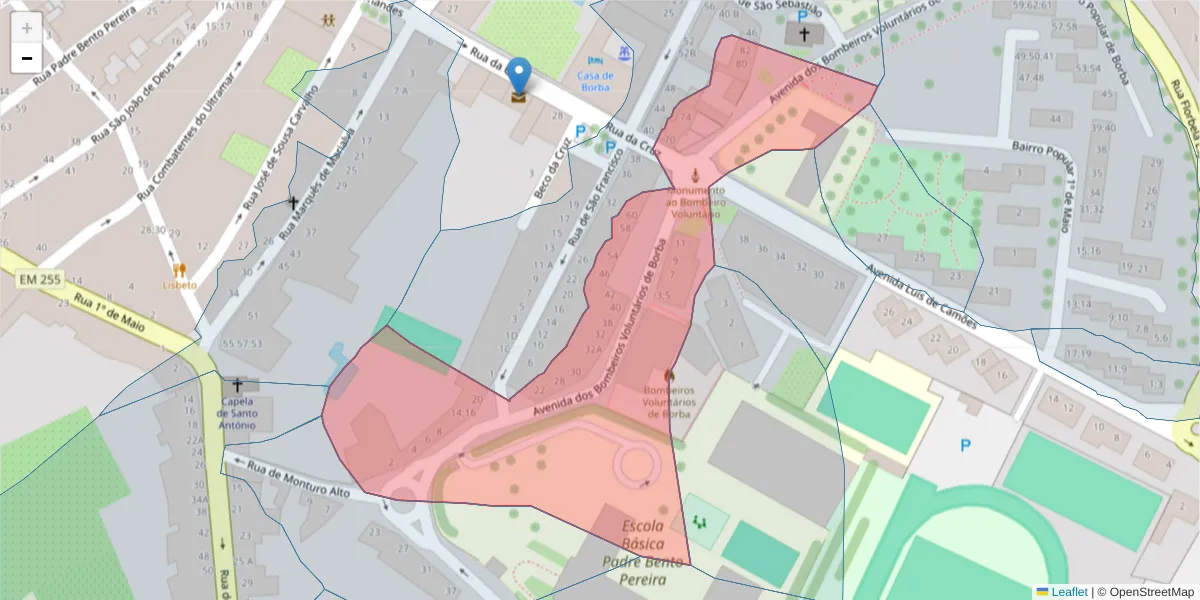 Mapa detalhado do código postal 7150-101 com limites, códigos postais vizinhos e agências dos correios