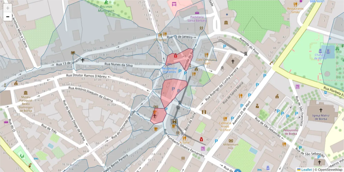 Mapa detalhado do código postal 7150-103 com limites, códigos postais vizinhos e agências dos correios