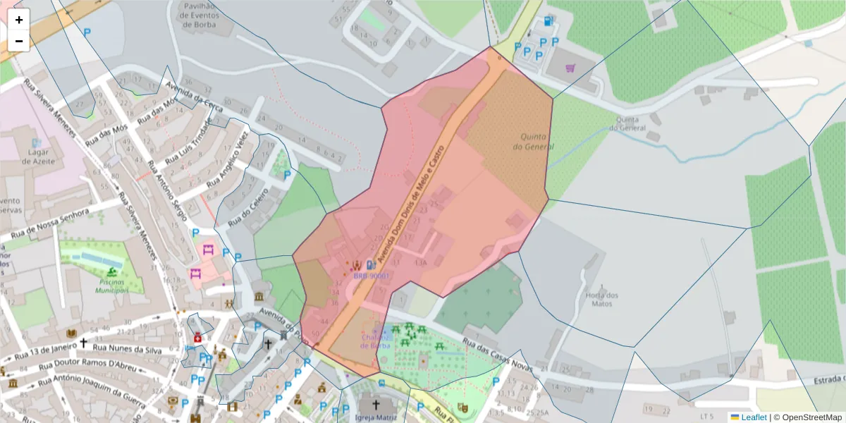 Mapa detalhado do código postal 7150-105 com limites, códigos postais vizinhos e agências dos correios